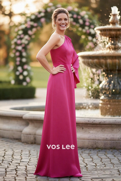 Pink One-Shoulder Maxi Dress with Flared Sleeve | Perfect for Weddings & Galas