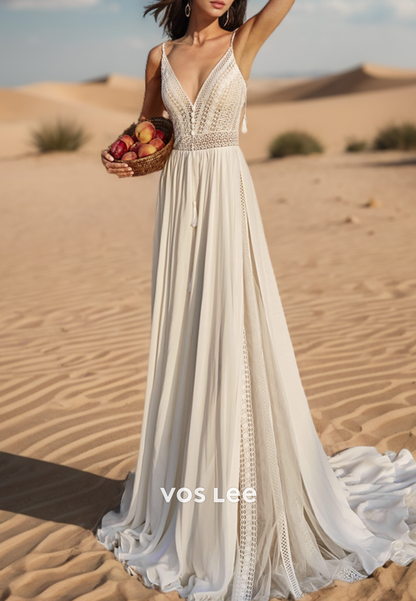 Elegant & Luxurious A-Line Halter Ruched Wedding Dresses with Sweep Train