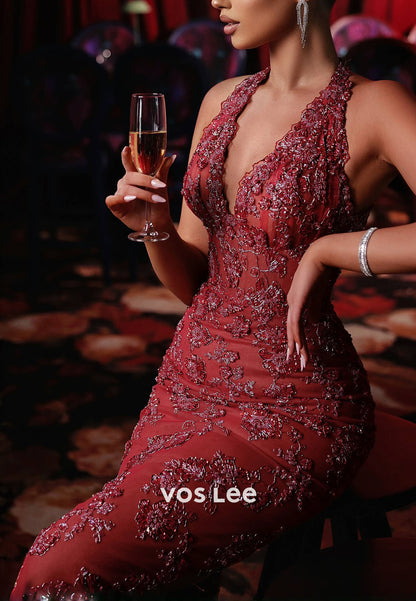 Shining Halter V-Neck Pleated Fully Sequined Appliques Sleeveless Mermaid Evening Dress