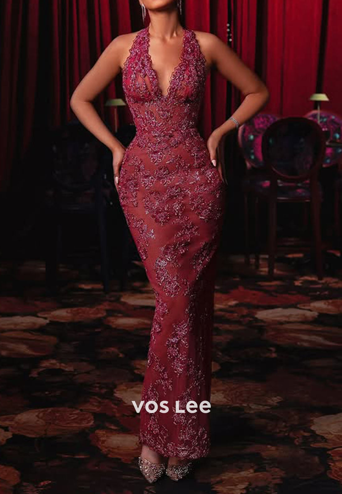 Shining Halter V-Neck Pleated Fully Sequined Appliques Sleeveless Mermaid Evening Dress