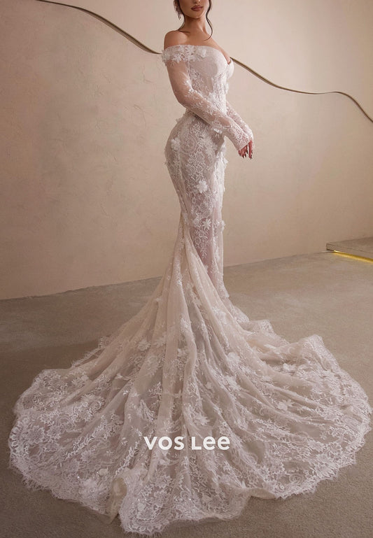 3D Floral Sheer Lace Wedding Dress Off-Shoulder Mermaid Bridal Gown
