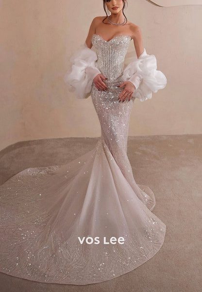 Sparkle Sweetheart Sequins Mermaid Wedding Dress Strapless Beaded Bridal Gown