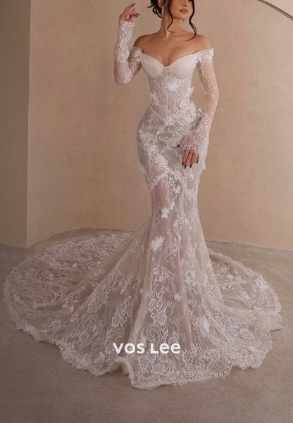 3D Floral Sheer Lace Wedding Dress Off-Shoulder Mermaid Bridal Gown