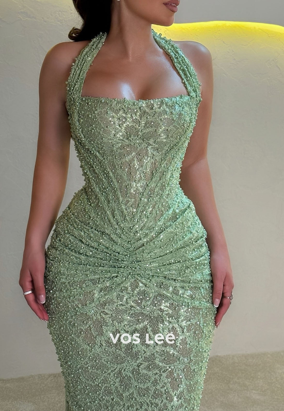 Shining Hlater Pleated Fully Pearls Evening Gowns Sleeveless Mermaid Prom Dress