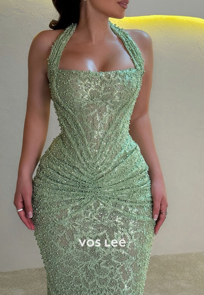 Shining Hlater Pleated Fully Pearls Evening Gowns Sleeveless Mermaid Prom Dress