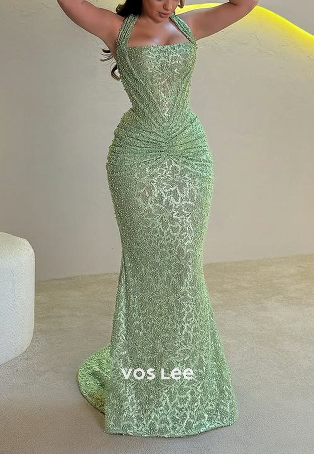 Shining Hlater Pleated Fully Pearls Evening Gowns Sleeveless Mermaid Prom Dress