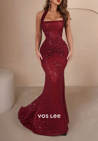 Shining Hlater Pleated Fully Pearls Evening Gowns Sleeveless Mermaid Prom Dress