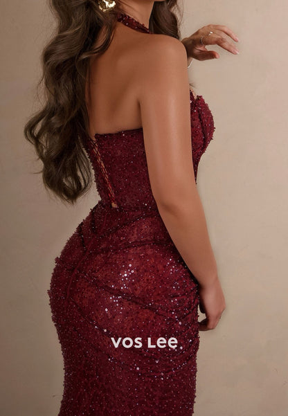 Shining Hlater Pleated Fully Pearls Evening Gowns Sleeveless Mermaid Prom Dress