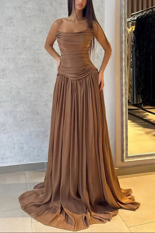 Flowing Coffee Strapless Sleeveless Chiffon Prom Dress A-Line Long With Pleats