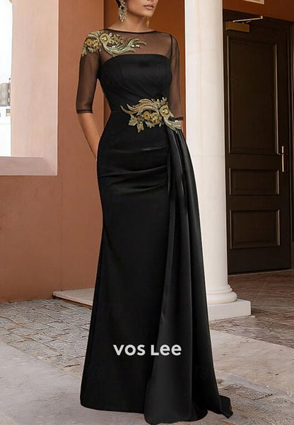 Black Satin Evening Gown with Gold Embroidery and Illusion Sleeves