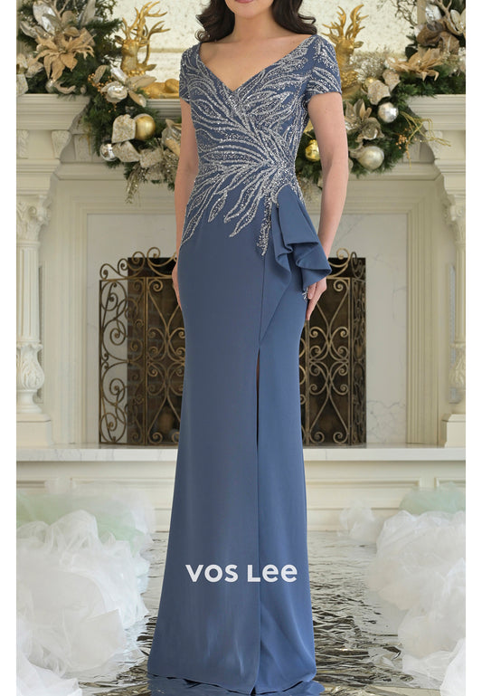 Short Sleeve V Neck Beaded Embellished Pleated Mermaid Mother of Bride Dresses