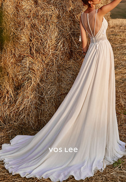 Simple Spaghetti Straps V Neck Boho Wedding Dresses Maxi Dresses with Court Train