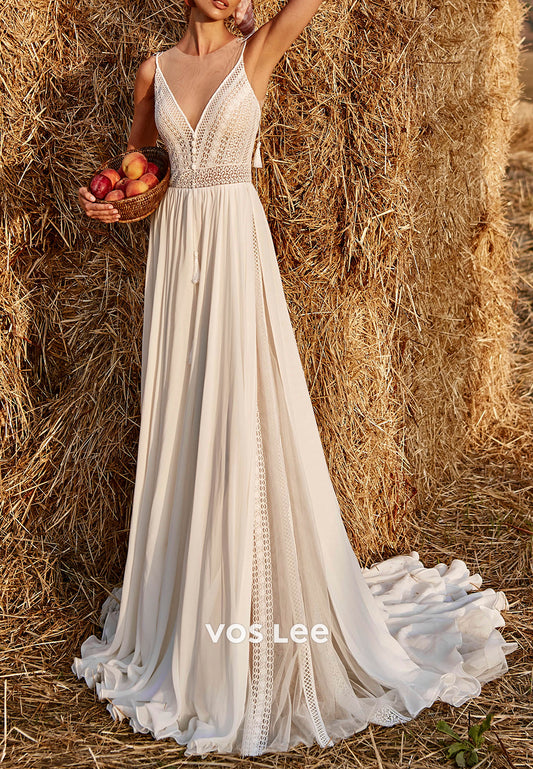 Simple Spaghetti Straps V Neck Boho Wedding Dresses Maxi Dresses with Court Train