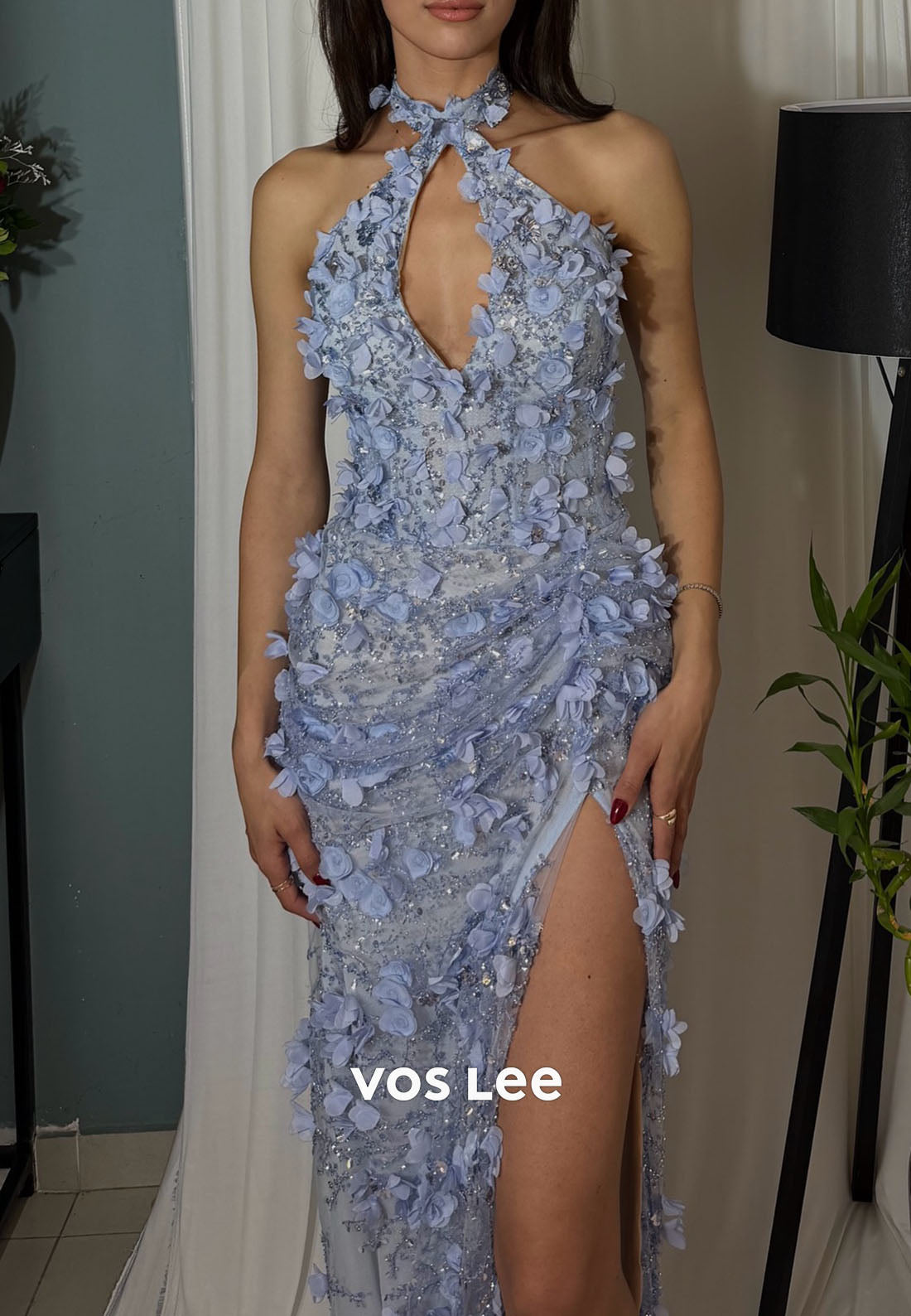3D Floral Halter Mermaid Prom Dress, Cutout High Slit Formal Evening Gown