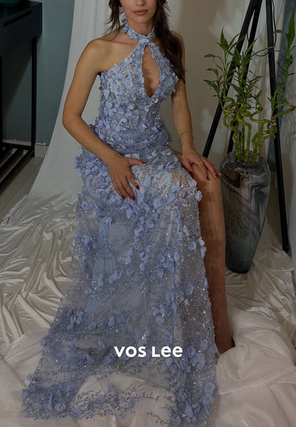 3D Floral Halter Mermaid Prom Dress, Cutout High Slit Formal Evening Gown
