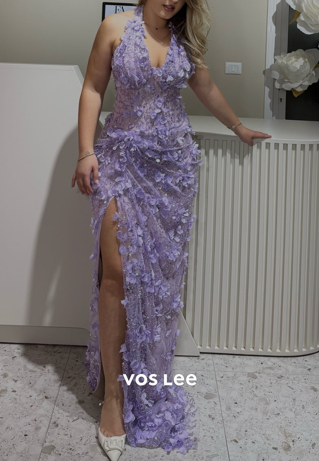 Elegant Lilac 3D Flower Halter Formal Gown, Sheer Mermaid Dress for Prom & Wedding
