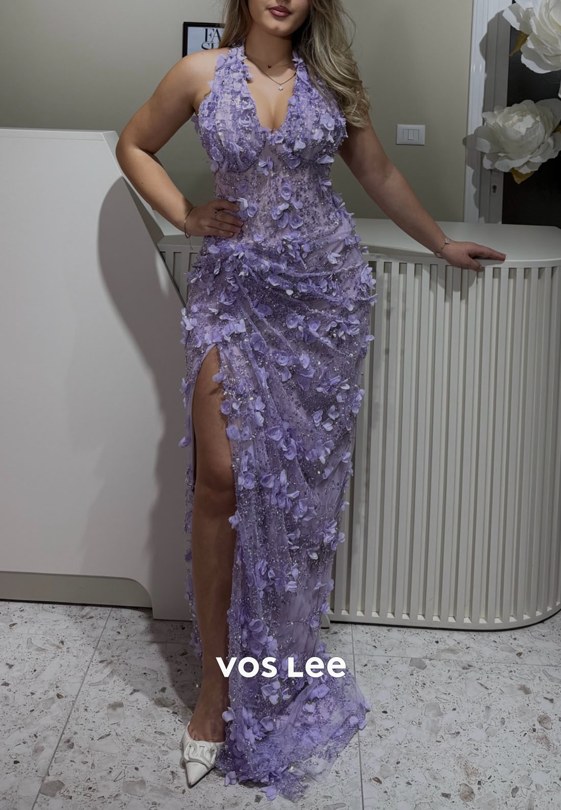 Elegant Lilac 3D Flower Halter Formal Gown, Sheer Mermaid Dress for Prom & Wedding