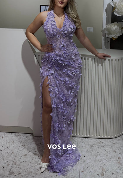 Elegant Lilac 3D Flower Halter Formal Gown, Sheer Mermaid Dress for Prom & Wedding