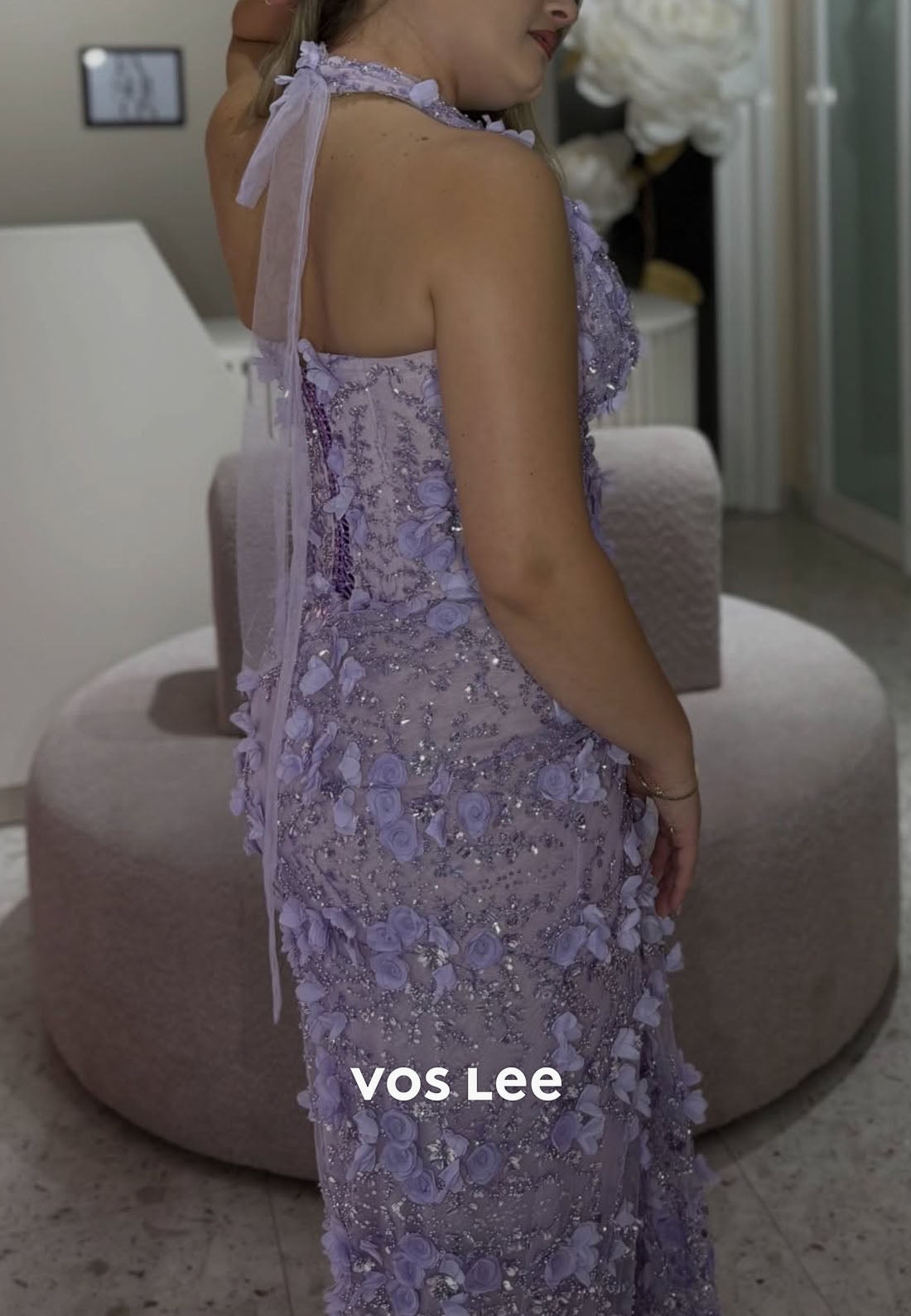 Elegant Lilac 3D Flower Halter Formal Gown, Sheer Mermaid Dress for Prom & Wedding