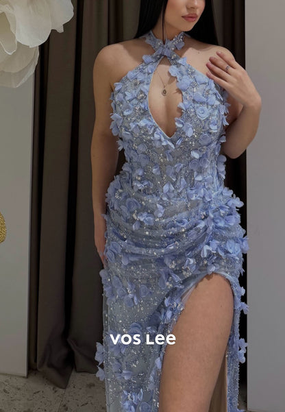 3D Floral Halter Mermaid Prom Dress, Cutout High Slit Formal Evening Gown