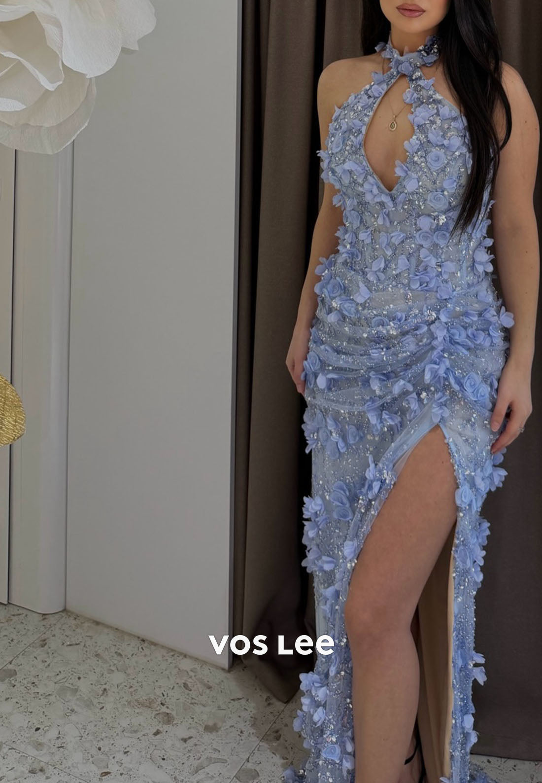 3D Floral Halter Mermaid Prom Dress, Cutout High Slit Formal Evening Gown