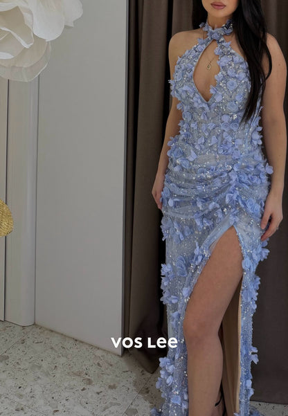 3D Floral Halter Mermaid Prom Dress, Cutout High Slit Formal Evening Gown