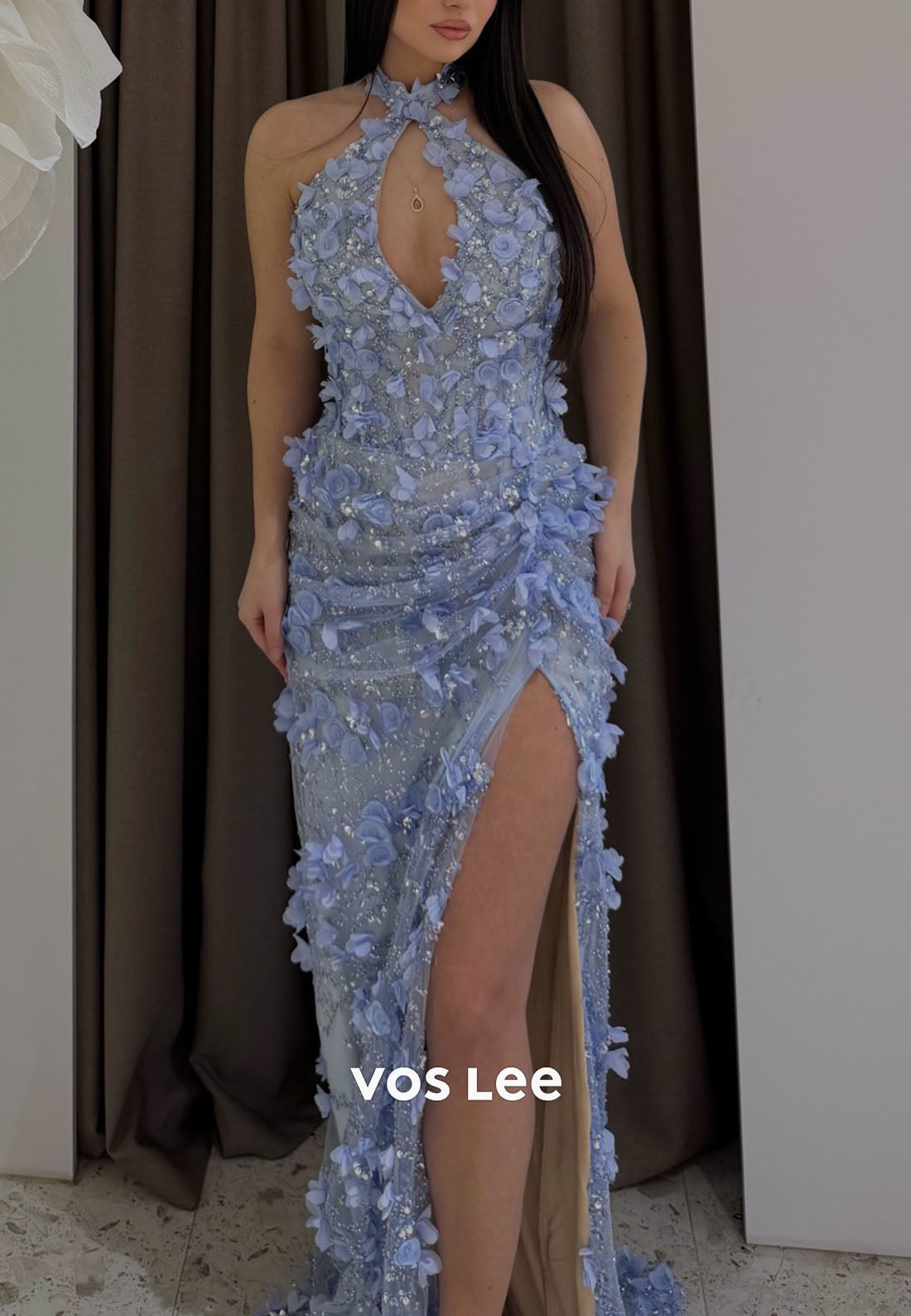 3D Floral Halter Mermaid Prom Dress, Cutout High Slit Formal Evening Gown
