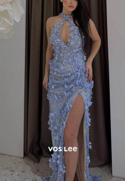 3D Floral Halter Mermaid Prom Dress, Cutout High Slit Formal Evening Gown