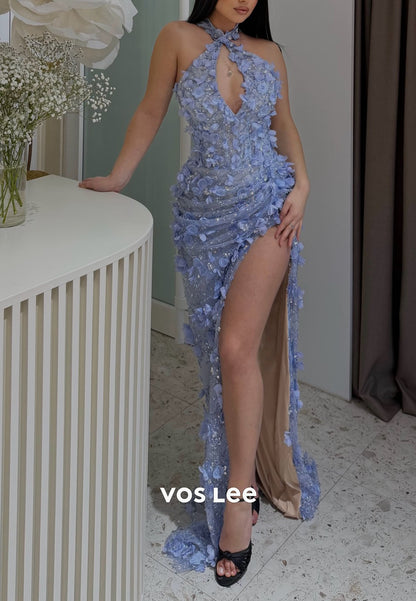3D Floral Halter Mermaid Prom Dress, Cutout High Slit Formal Evening Gown
