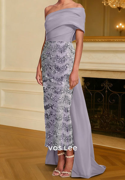 Off Shoulder Sheath Backless Sequins Evening Dress With train