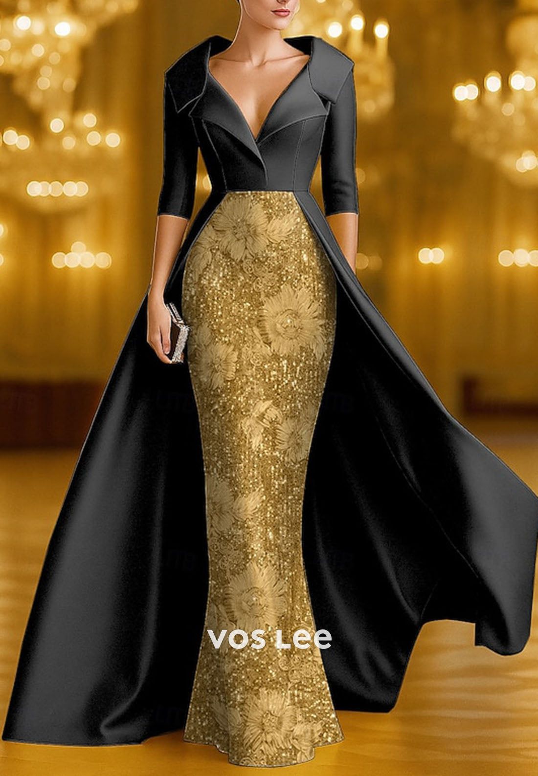 Sequin Flower V Neck Half Sleeves Sheath Formal Gown