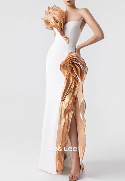 Sexy and Sleek One Shoulder Floor-Length Sheath Evening Dresses with High Slit