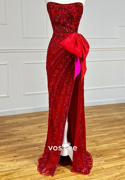 Chic Mermaid Strapless Glitter Red Sequins Slit Prom Dress with Bowknot