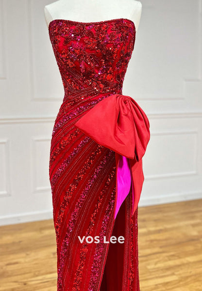 Chic Mermaid Strapless Glitter Red Sequins Slit Prom Dress with Bowknot
