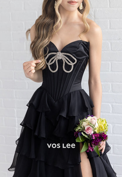 Princess A Line Sweetheart Black Corset Prom Dress with Crystals Bow