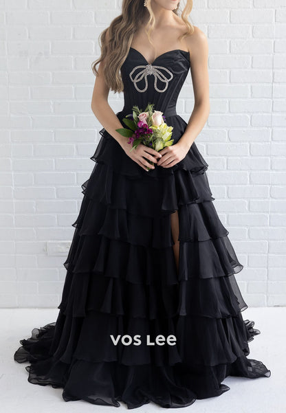 Princess A Line Sweetheart Black Corset Prom Dress with Crystals Bow
