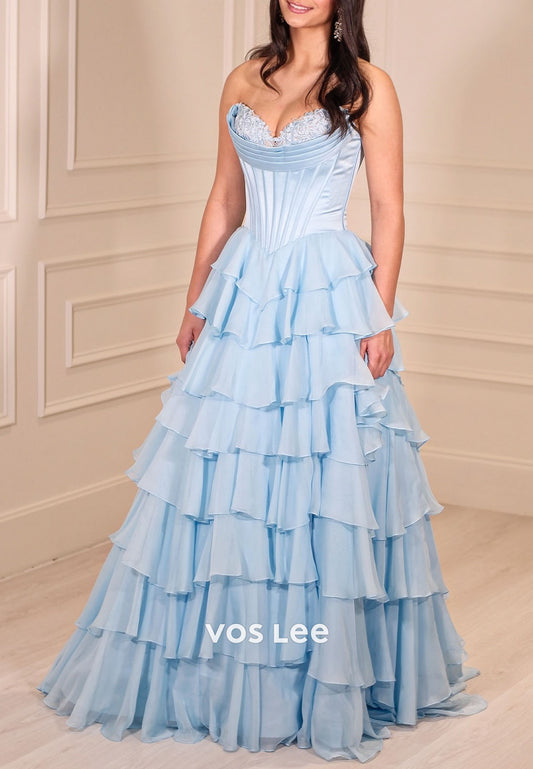 Blue Princess A Line Sweetheart Corset Prom Dress with Appliques Ruffles