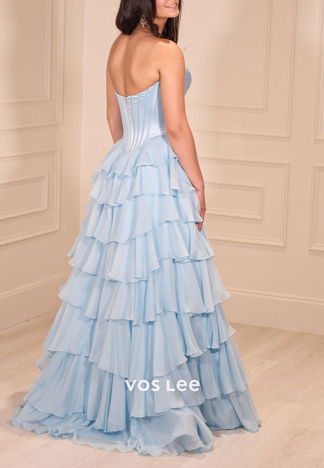 Blue Princess A Line Sweetheart Corset Prom Dress with Appliques Ruffles