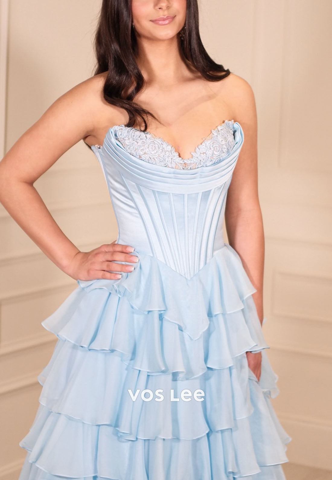 Blue Princess A Line Sweetheart Corset Prom Dress with Appliques Ruffles
