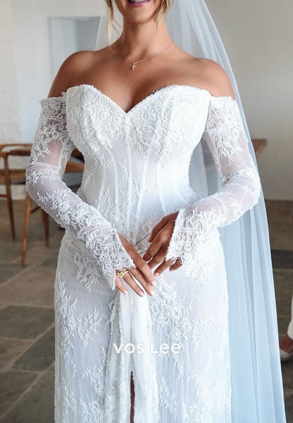 Simple Off-Shoulder Lace Long Sleeve Mermaid Split Wedding Dress