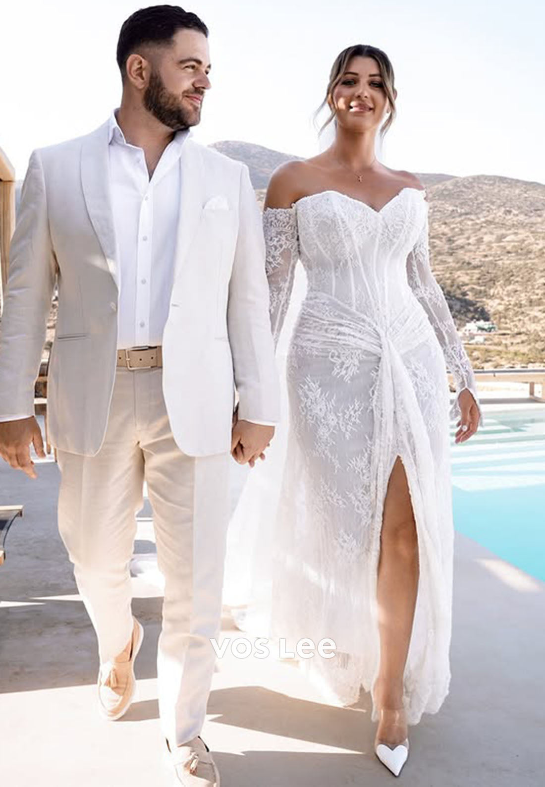 Simple Off-Shoulder Lace Long Sleeve Mermaid Split Wedding Dress