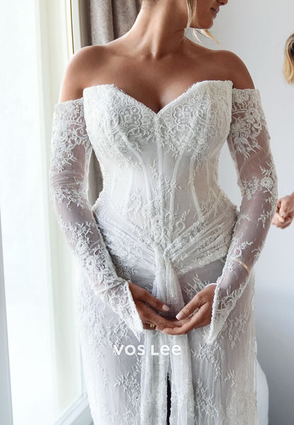 Simple Off-Shoulder Lace Long Sleeve Mermaid Split Wedding Dress