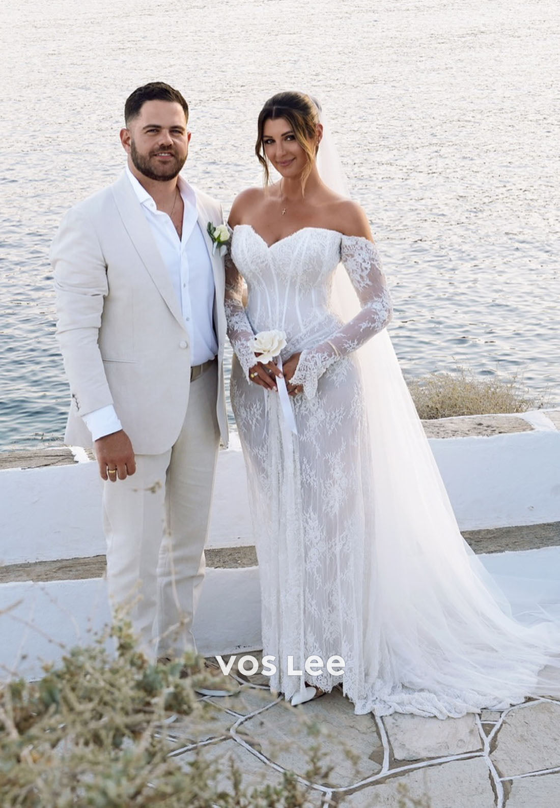 Simple Off-Shoulder Lace Long Sleeve Mermaid Split Wedding Dress