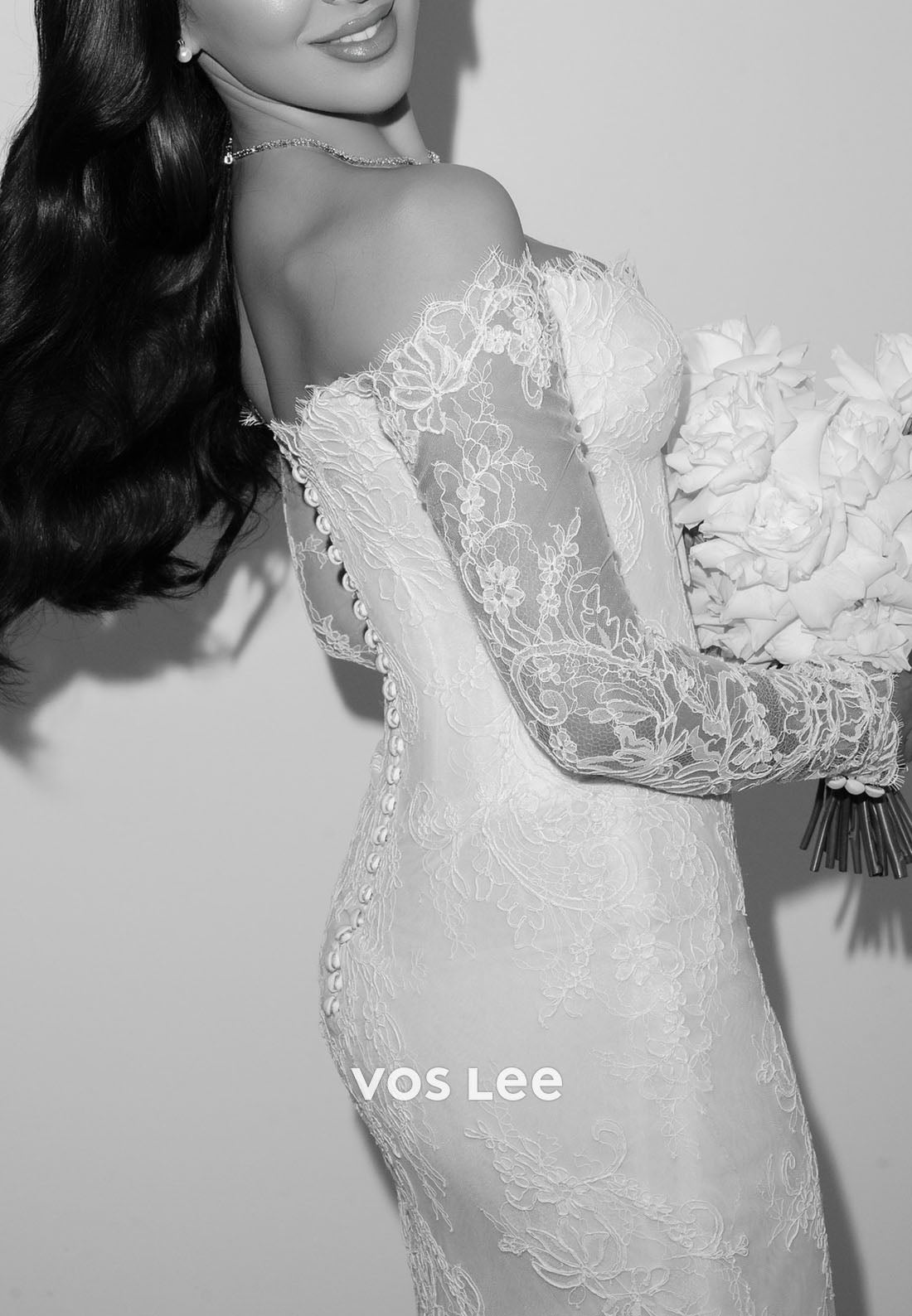 Glamorous Off the Shoulder Sheer Lace Long Sleeve Mermaid Wedding Dress Bridal Gown