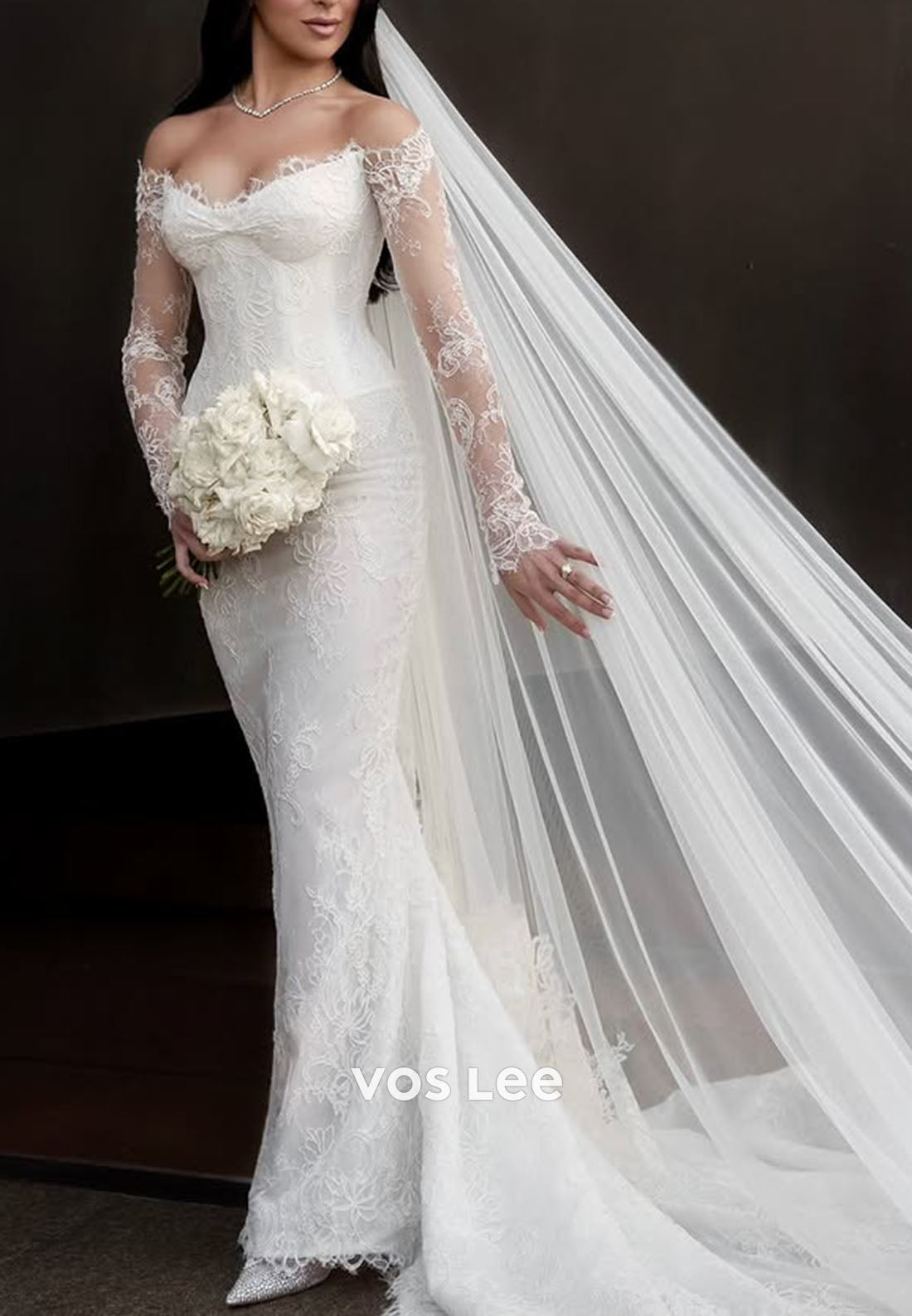 Glamorous Off the Shoulder Sheer Lace Long Sleeve Mermaid Wedding Dress Bridal Gown