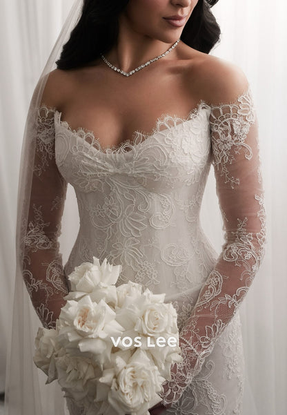 Glamorous Off the Shoulder Sheer Lace Long Sleeve Mermaid Wedding Dress Bridal Gown