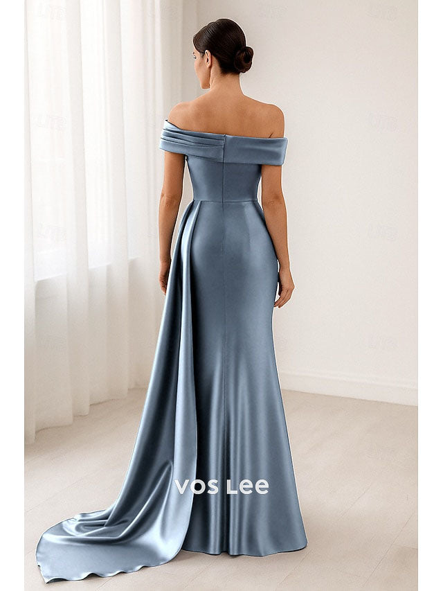 Off-the-Shoulder Mermaid Gown – Satin Formal Dress with Draped Sash & Train