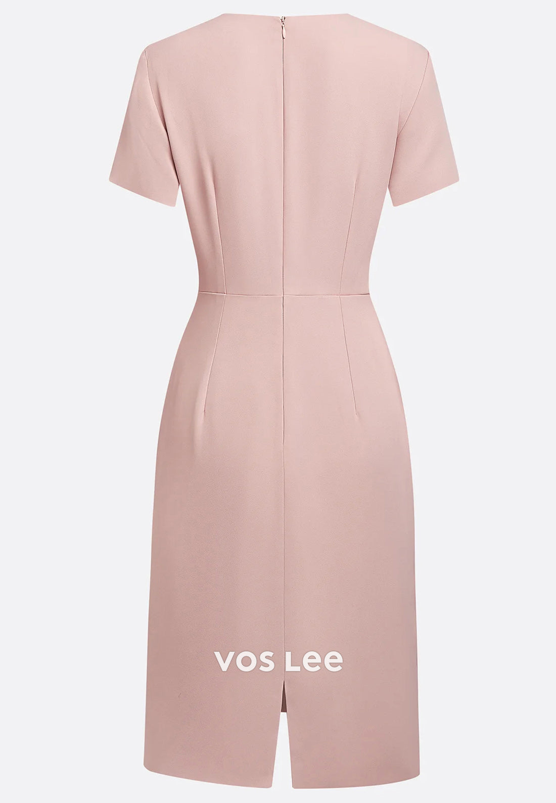 Short Sleeve V Neck Pleated Sheath Knee-Length Evening Dresses Party Dresses with Split