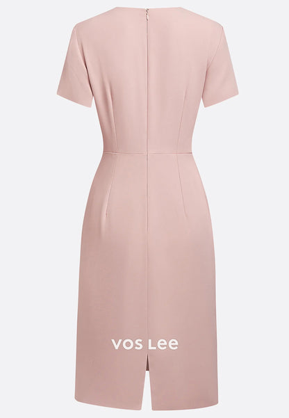 Short Sleeve V Neck Pleated Sheath Knee-Length Evening Dresses Party Dresses with Split