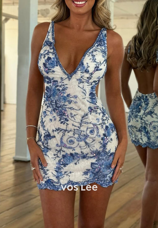 Mini V Neck Beaded Sequins Embellished Mermaid Party Dresses